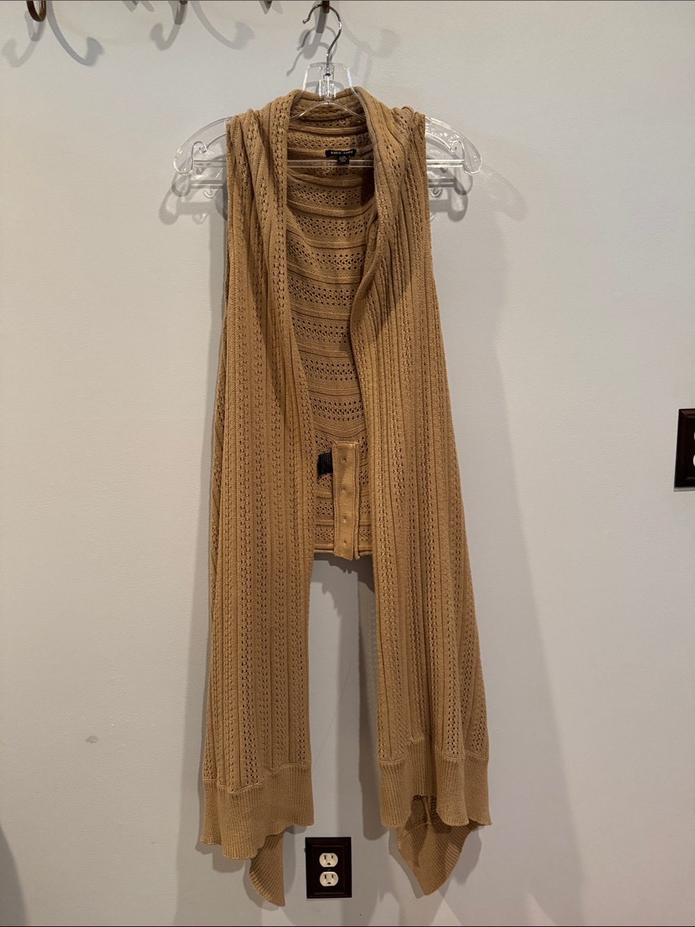 Katie Todd tan Knit sleeveless open-front knit cardigan features long front.